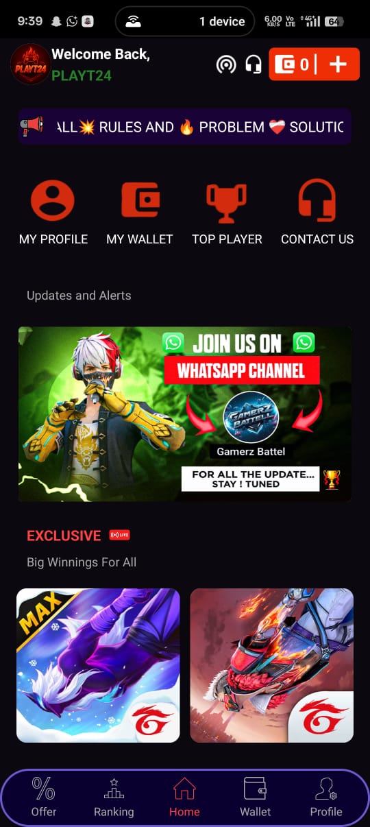 V-6 PLAYT24 FREE FIRE / BGMI + Esports TOURNAMENT APP